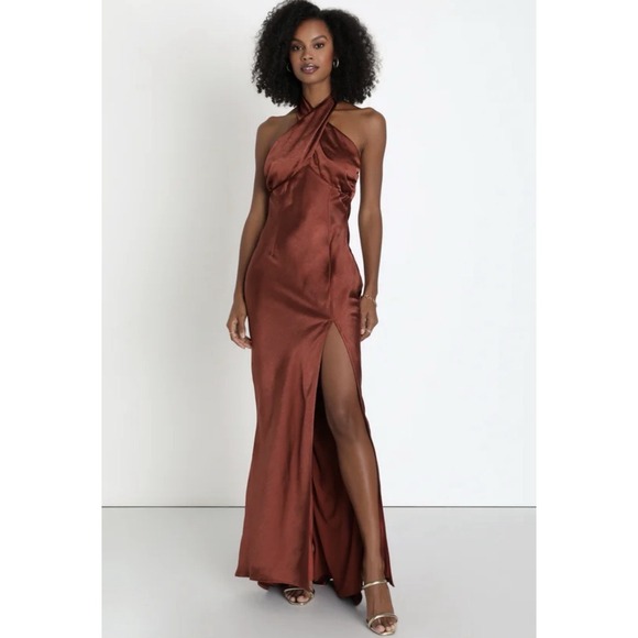 Lulus Dresses & Skirts - NEW! Lulus Satin Halter Maxi Dress Sz XS Brown Event Prom High Slit Open Back